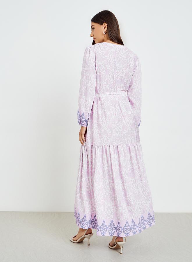 Styli Women Lilac Printed Long Sleeves A-Line Maxi Dress - Image 4